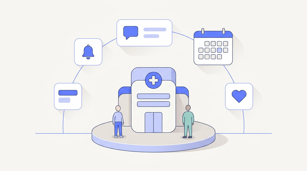 A primary care clinic surrounded by its patient touchpoints - reminders, messaging, scheduling and follow-up care