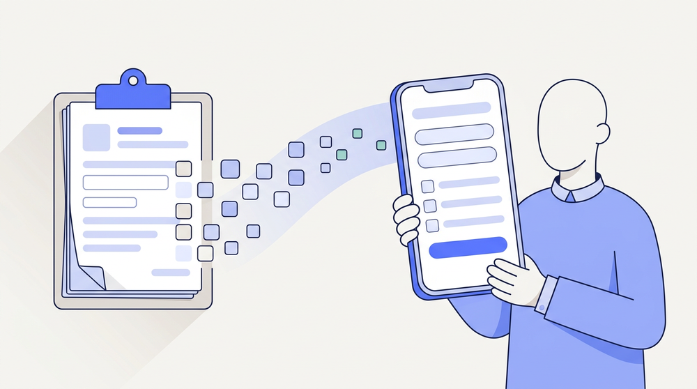 Paper intake forms on a clipboard dissolving into a digital form on a patient's phone