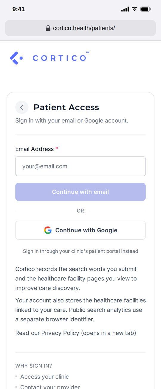 Sign in at cortico.health/patients (screenshot)