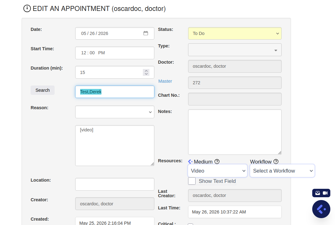 Edit-an-appointment dialog in OSCAR — date, time, duration, patient, reason and resources