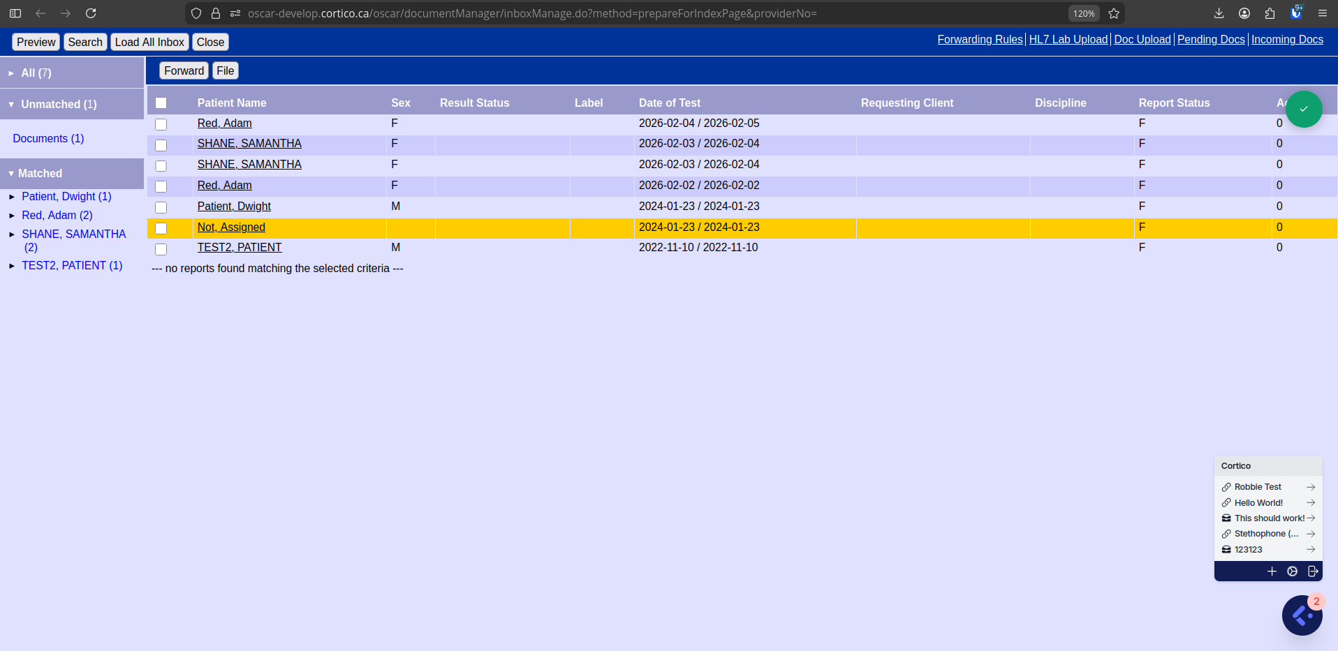 OSCAR EMR document-manager inbox — unmatched labs/reports and matched patient routing